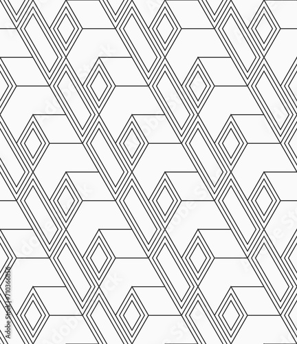 Vector seamless outline pattern. Abstract 3d seamless geometric pattern. Geometric shapes, rhombuses pattern. Abstract seamless black and white vector background.