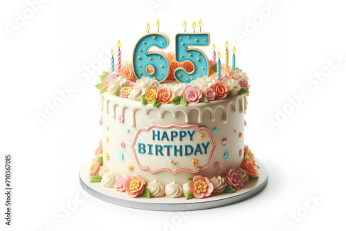 Birthday cake with number 65 on top isolated on solid white background. ai generative photo