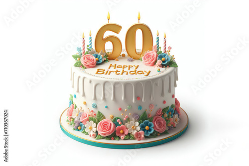 Birthday cake with number 60 on top isolated on solid white background. ai generative