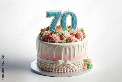 Birthday cake with number 70 on top isolated on solid white background. ai generative