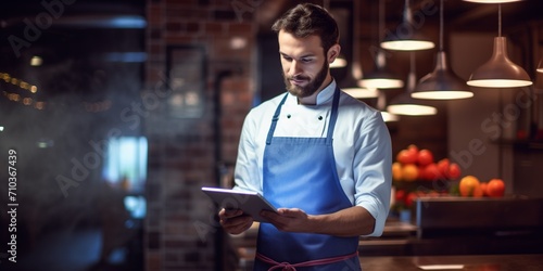 portrait of a restaurant chef using a tablet.