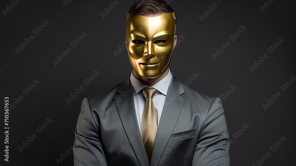 A businessman in a suit and a gold mask hides his face A businessman in a suit and a gold mask hides his face