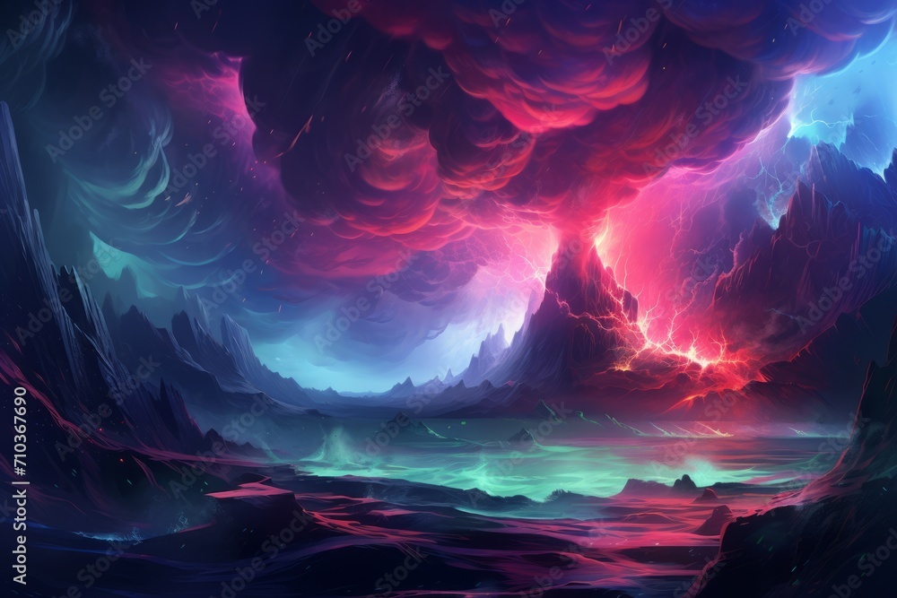Surreal Fantasy Landscape with Electric Storm and Mountains