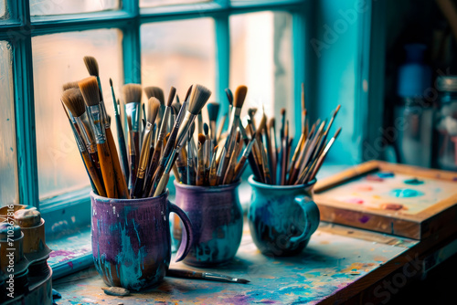 Old ceramic mugs full of many paintbrushes of all size.