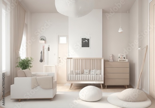 Modern nursery room interior, neutral unisex colors, Scandinavian Style, 3D illustration. Generative AI  © Fahim