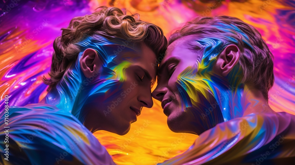 Obraz premium Loving gay couple hugging embraces passionately enveloped in flowing vibrant multicolored fabric represents their individuality, example of LGBT love is vivid expression of passion and sensuality