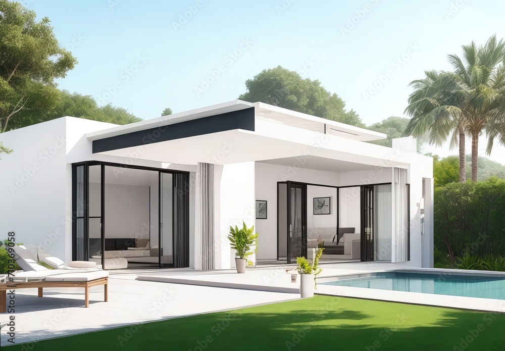 Modern villa with open plan living and private bedroom wing with small terrace for relaxation, real estate brochure advertisement, generative ai
Modern villa with open plan living and private bedroom wing with small terrace for relaxation, real estate brochure advertisement, generative ai