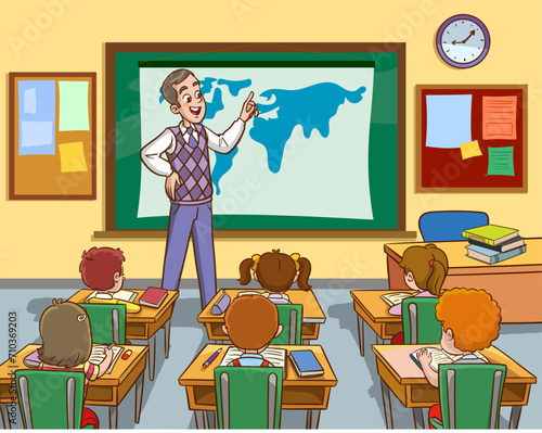 vector illustration of teacher and pupils in school class education 