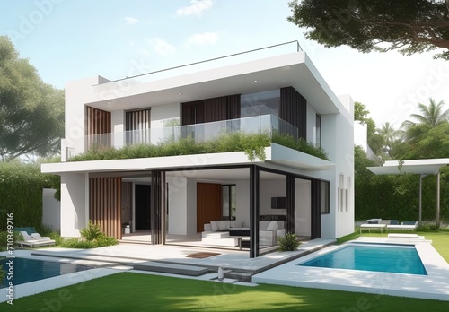 Modern villa with open plan living and private bedroom wing with small terrace for relaxation, real estate brochure advertisement, generative ai  © Fahim