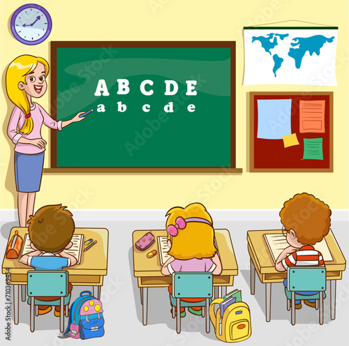 vector illustration of teacher and pupils in school class education 