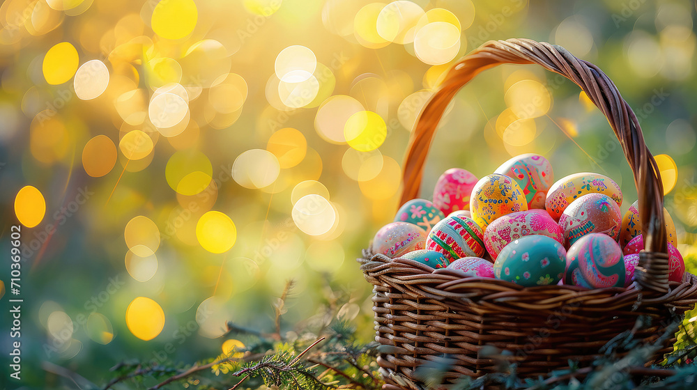 Colorful Easter eggs in a pastel basket on a blurred green background under sunlight Colorful Easter eggs in a pastel basket on a blurred green background under sunlight