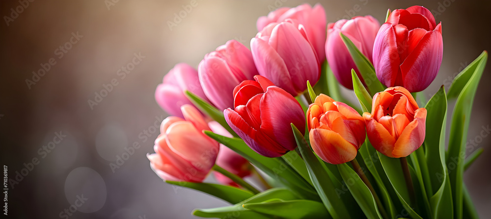 Obraz premium banner of bright tulips bouquet