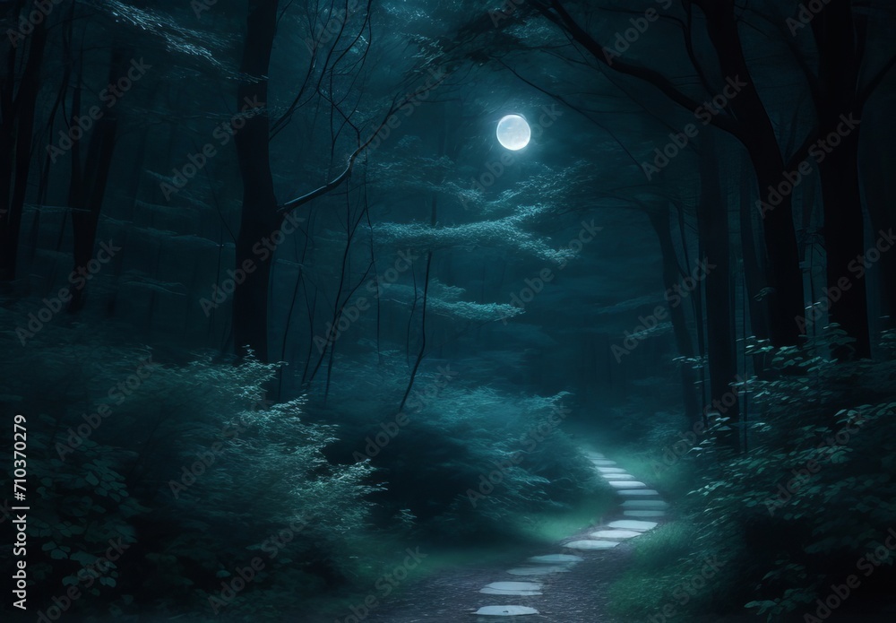Fototapeta premium Moonlit path through a dense forest, ethereal and mystical, cool tones 