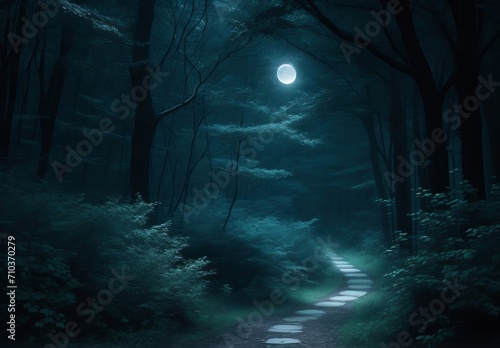 Moonlit path through a dense forest  ethereal and mystical  cool tones 