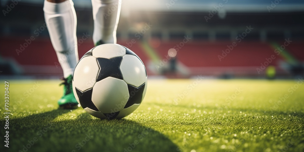 Close-up of a soccer ball and soccer player's feet
