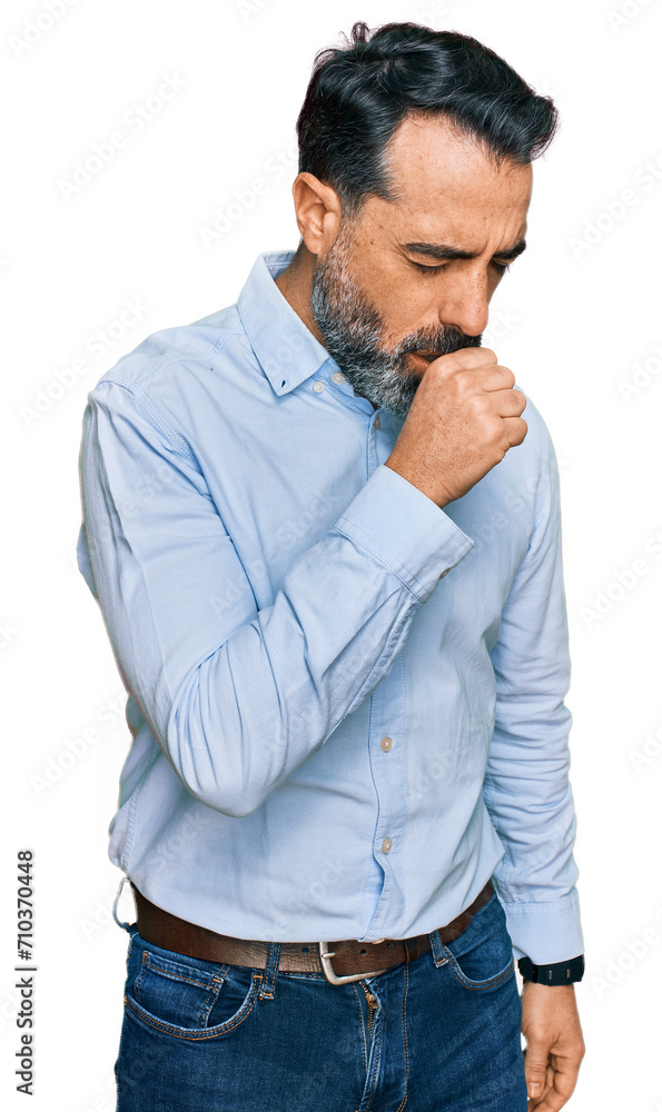 Middle aged man with beard wearing business shirt feeling unwell and coughing as symptom for cold or bronchitis. health care concept. Middle aged man with beard wearing business shirt feeling unwell and coughing as symptom for cold or bronchitis. health care concept.