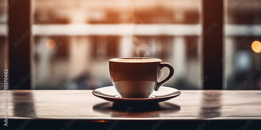 Mug with coffee on the table against the background of the window