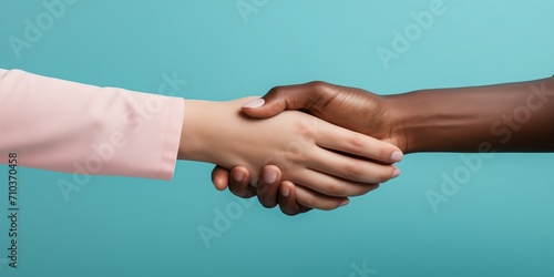 International handshake close up on a bright background