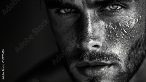 Close-up portrait of a man with a beard and wet skin.