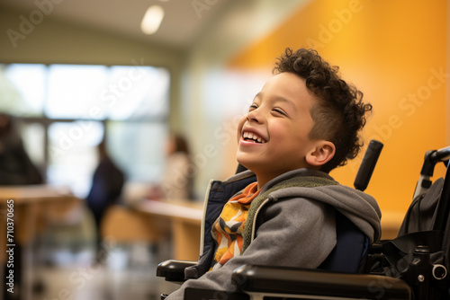 young disabled boy sitting on wheelchair at school smiling bokeh style background