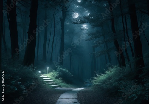 Moonlit path through a dense forest, ethereal and mystical, cool tones 