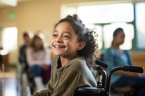 young disabled girl sitting on wheelchair at school smiling bokeh style background