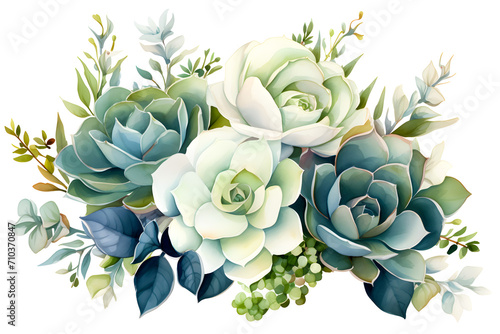Floral composition of succulents, flowers and branches. Boutonnieres of succulents for wedding, baby shower invitations, greeting cards, covers