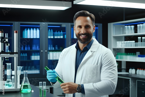 Scientist man with test tube in science laboratory with smile friendly.