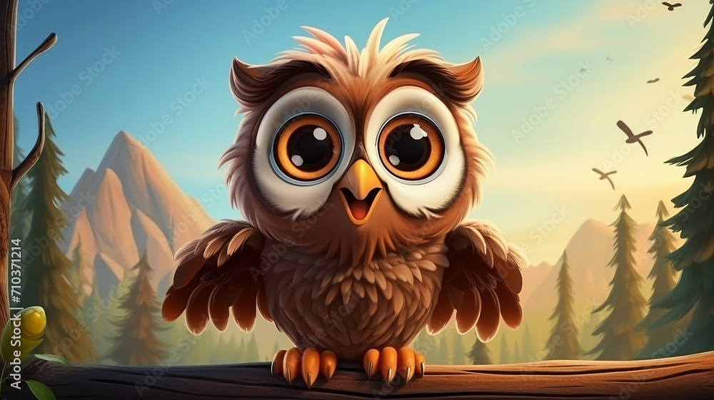 Fototapeta premium cartoon owl with big eyes, cute illustration for kids
