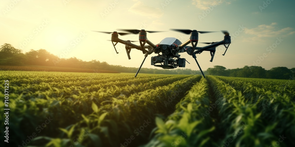 Drone flies over agricultural field Drone flies over agricultural field