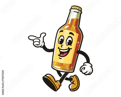 walking Beer Bottle with pointing hand cartoon mascot illustration character vector clip art hand drawn