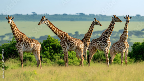 A group of giraffes gracefully grazing on treetops in the African savannah, their long necks reaching for leaves