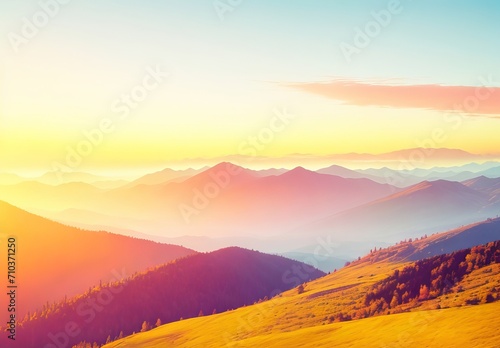 Panoramic view of colorful sunrise in mountains. Concept of the awakening wildlife, romance,emotional experience in your soul, joy in mundane life.  © Fahim