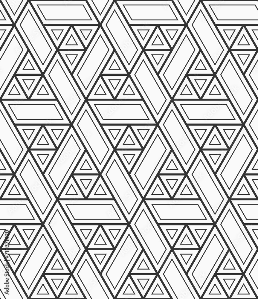 Vector seamless pattern. Mosaics motif. Polygonal trellis on the base of triangular grid. Triangles, geometric shapes outline pattern. Abstract seamless black and white vector background. Vector seamless pattern. Mosaics motif. Polygonal trellis on the base of triangular grid. Triangles, geometric shapes outline pattern. Abstract seamless black and white vector background.