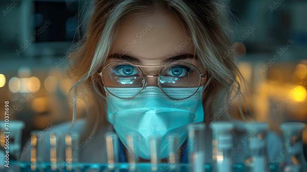 Focused female scientist analyzing samples in lab. intense concentration, medical research. AI Focused female scientist analyzing samples in lab. intense concentration, medical research. AI