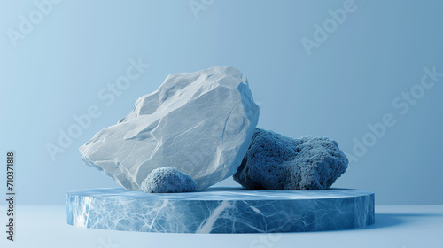 Minimal blue circle podium rough surface rock geometric stone shape background, mockup for podium display or showcase