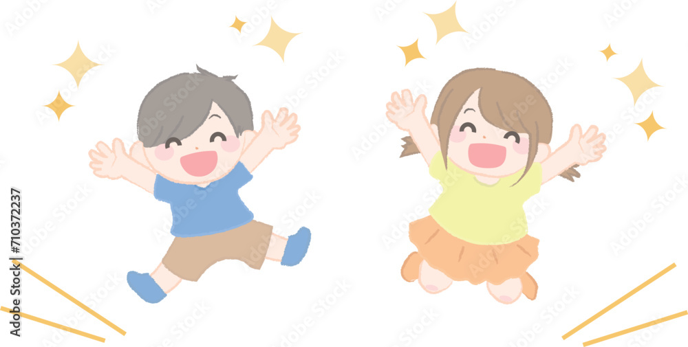 ジャンプして喜ぶ元気な子供たちのイラスト1-2 ジャンプして喜ぶ元気な子供たちのイラスト1-2