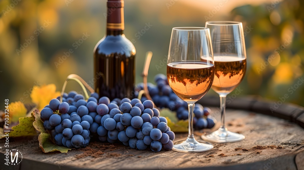 Elegant wine tasting experience set outdoors at sunset. a bottle with two glasses and fresh grapes. AI