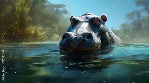 Hippopotamus in the swamp Waiting for time to hunt prey © Leokensiro