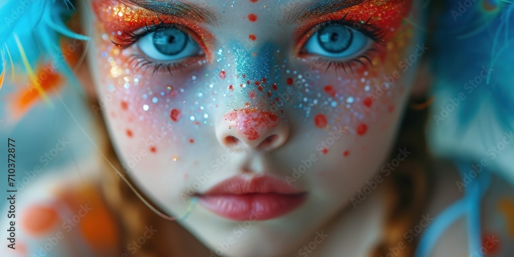 Bright and stylish close-up portrait of a beautiful girl with creative makeup and bright elements.
