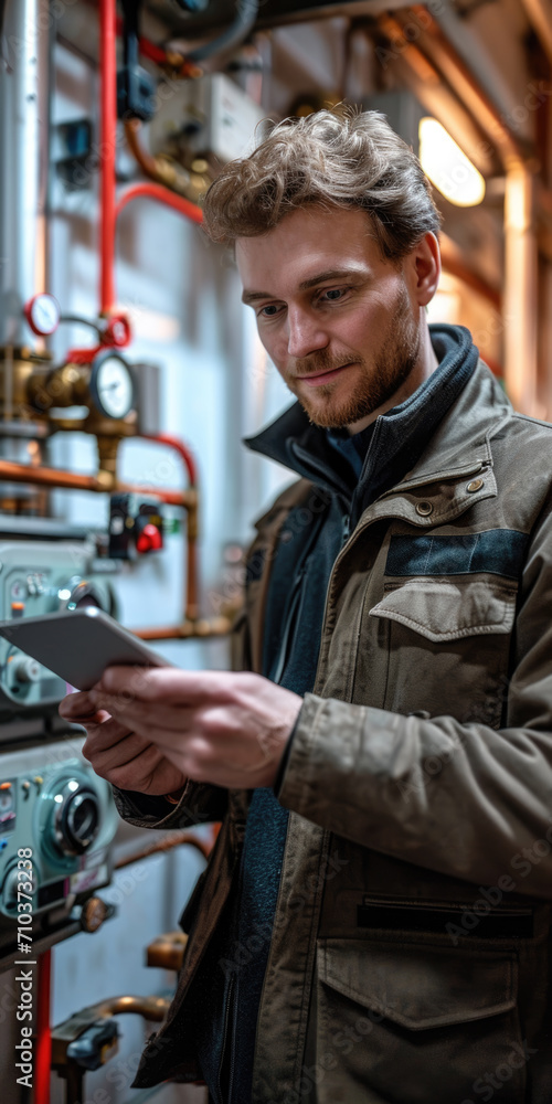 Der Techniker überprüft mit dem Tablet in der Hand die Heizungsanlage im Heizraum Der Techniker überprüft mit dem Tablet in der Hand die Heizungsanlage im Heizraum