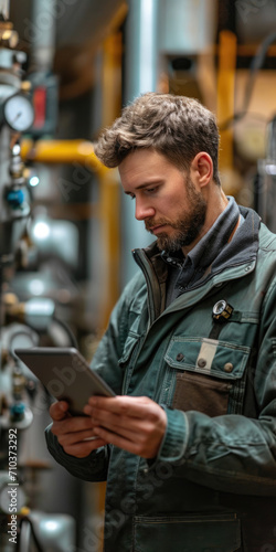 Der Techniker überprüft mit dem Tablet in der Hand die Heizungsanlage im Heizraum