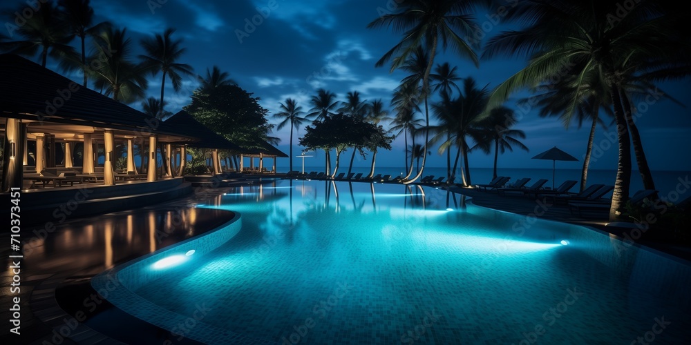 Luxury tropical resort pool at night.