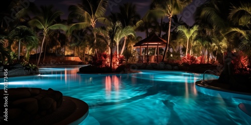 Luxury tropical resort pool at night.