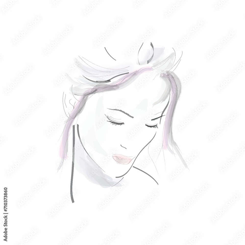 Beautiful young woman face. Hand drawn watercolor illustration on white background. 
