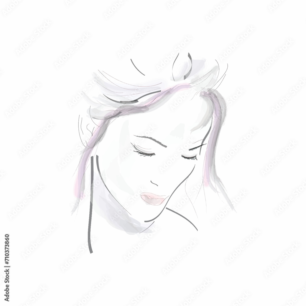 Beautiful young woman face. Hand drawn watercolor illustration on white background. Beautiful young woman face. Hand drawn watercolor illustration on white background.