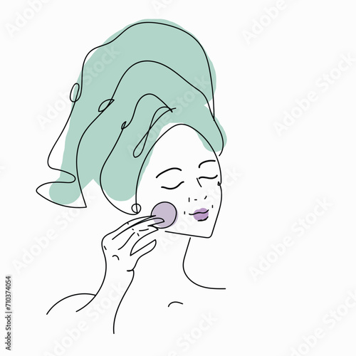 Illustration of a woman applying powder on her face with a brush 