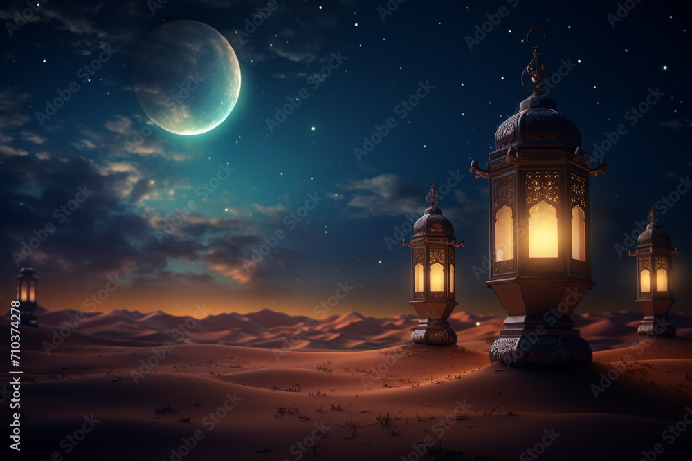 Lantern on dark background. Ramadan Kareem concept. 3D Rendering