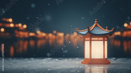 Chinese New Year Product Stand Mockup Background with Red and Gold, Flower, Lantern, and Asian Widgets © Krittikarn