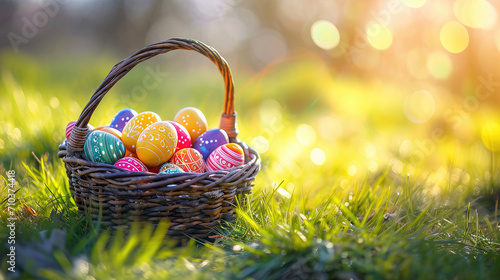 Colorful Easter eggs in a pastel basket on a blurry grassy field background under sunlight